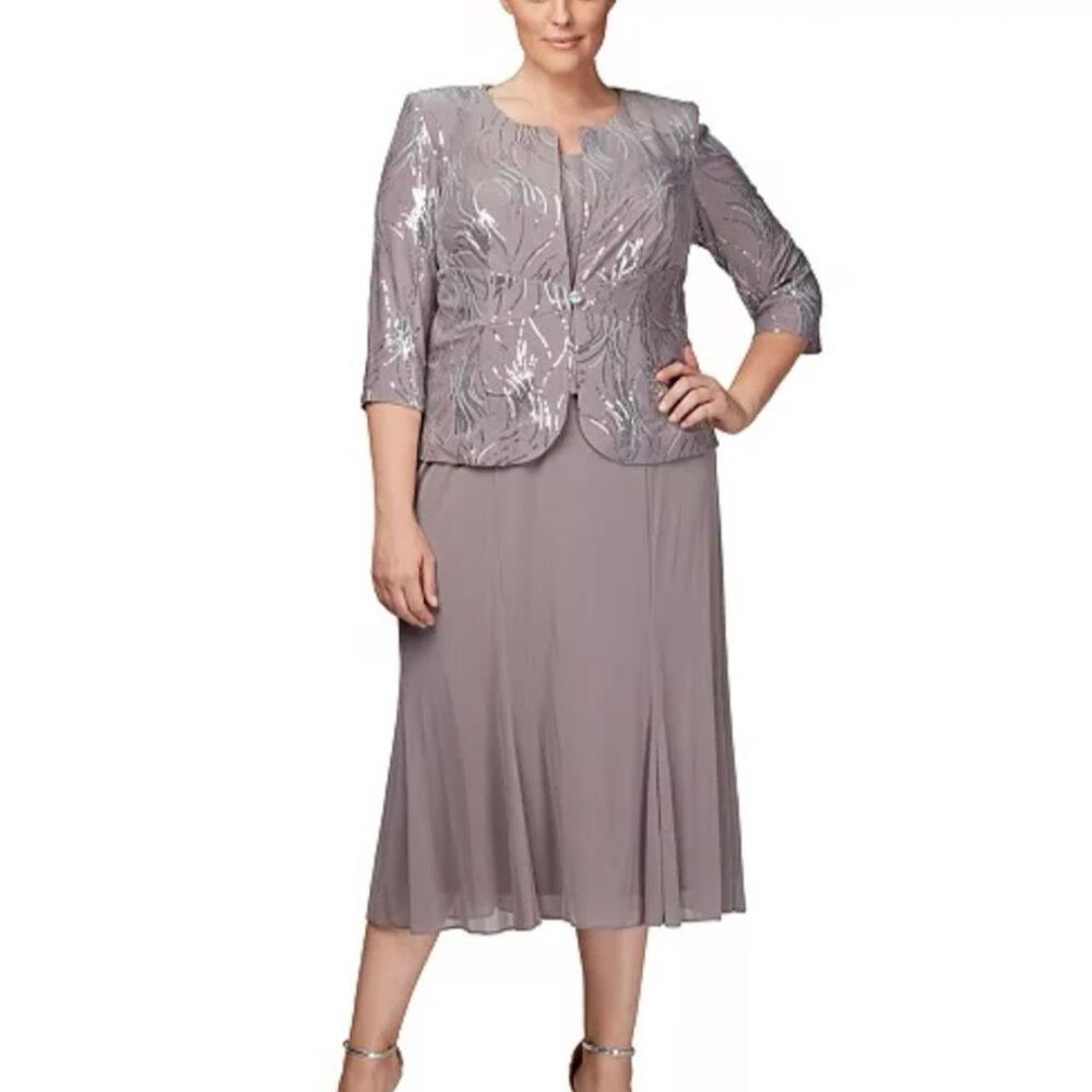 Alex Evenings *FLAW* 2 Pc Jacket & Dress Set Pewter Frost Sequined, Women’s 16W